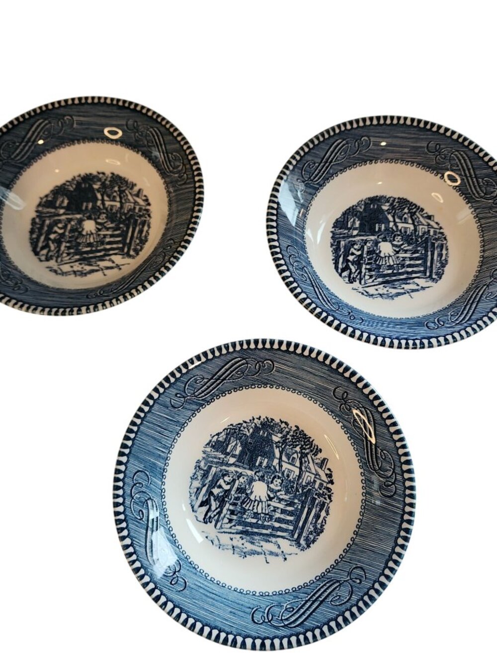 Royal China Currier & Ives Blue "Old Farm Gate" 5.5-inch dessert bowls